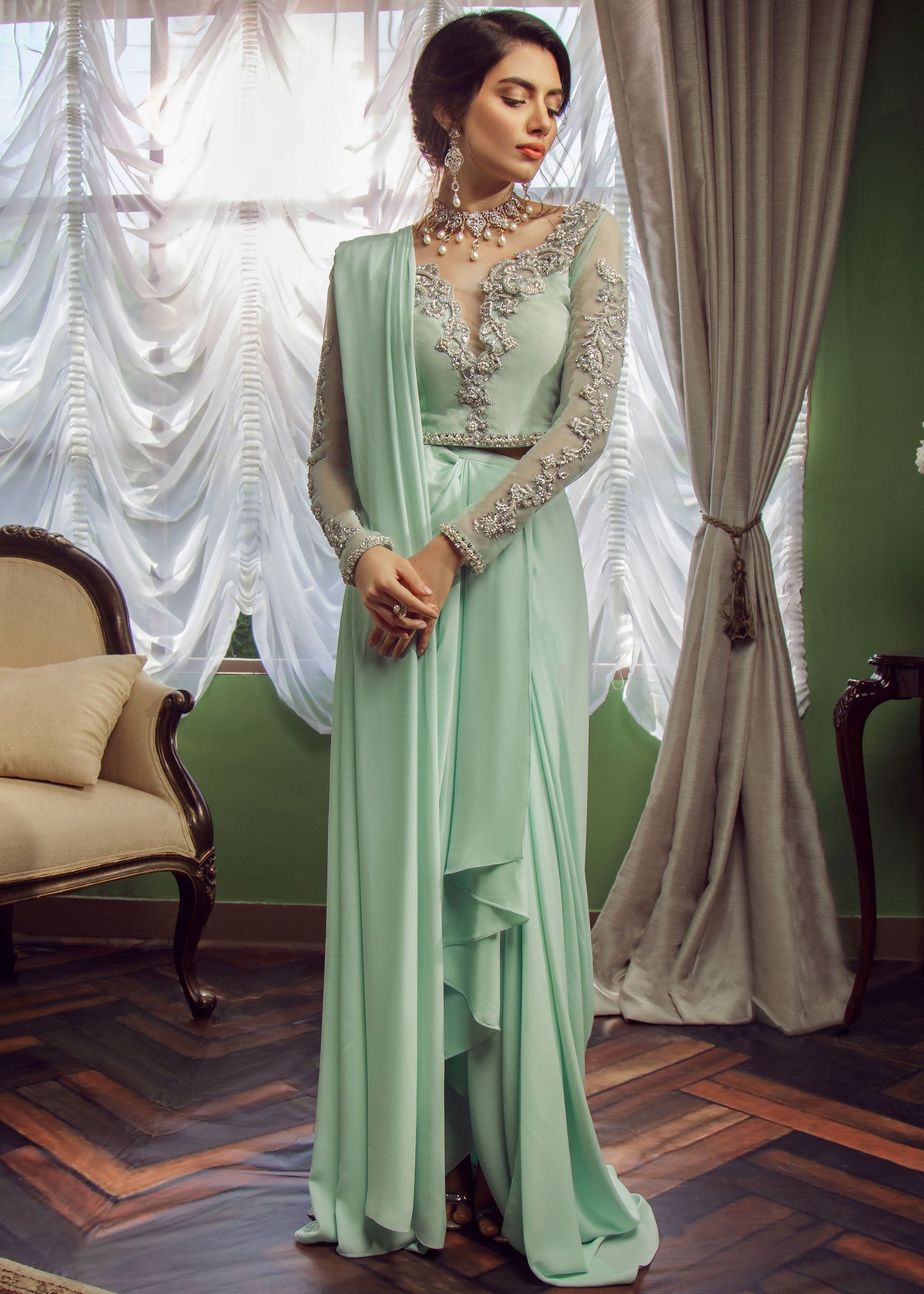 Mint Tulip by Sadaf Fawad Khan — Mint Embroidered Formal Outfit | SFK Formal